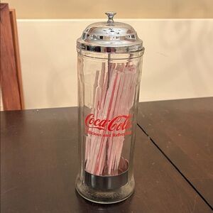 1992 Coca-Cola Glass straw Dispenser with Silver Lid